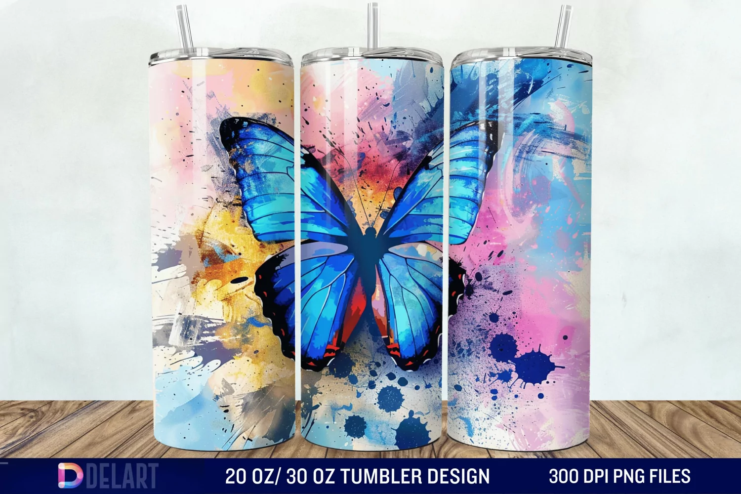 3D Blue Butterfly Watercolor Tumbler Wrap product image 1