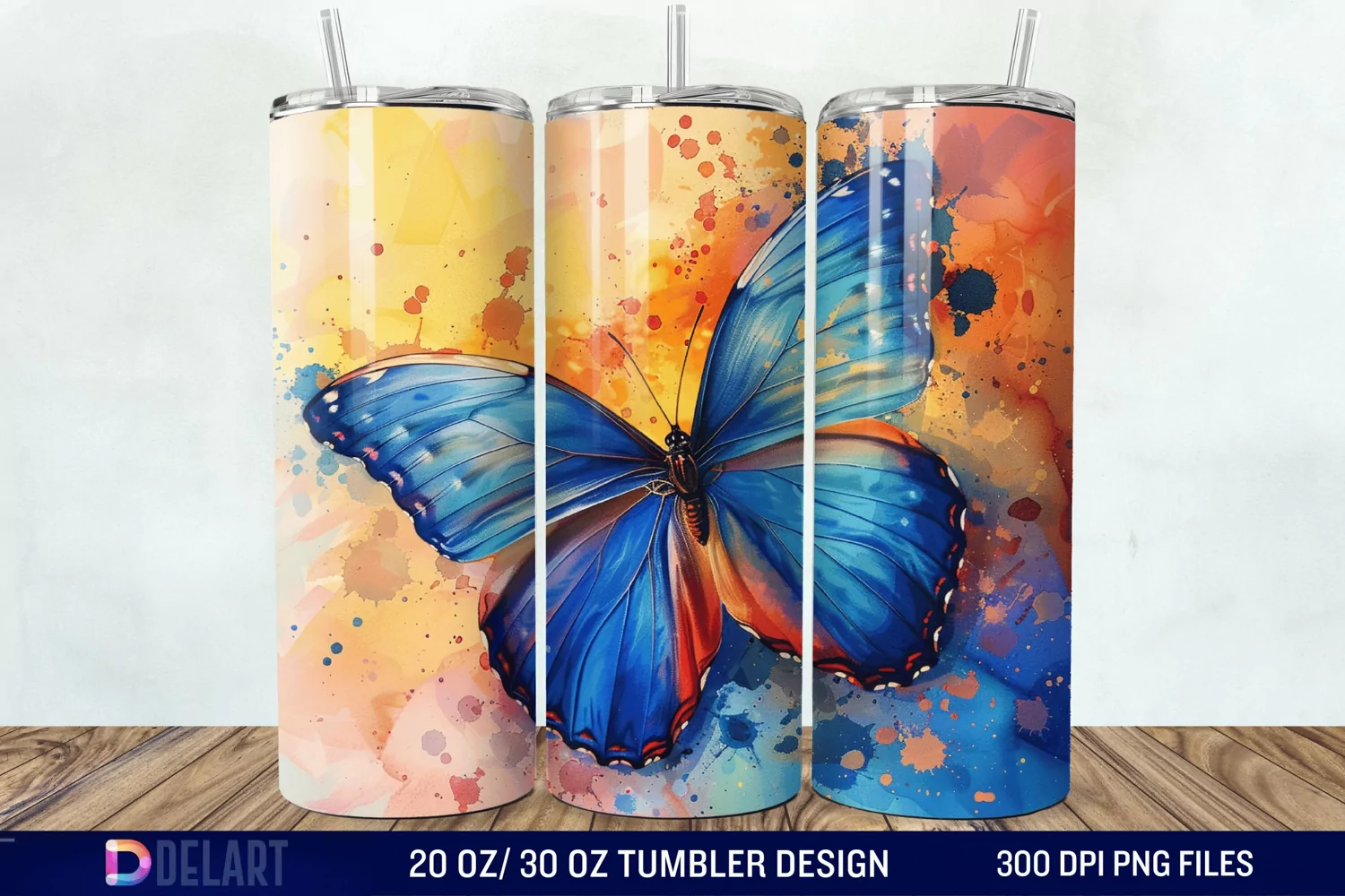 3D Blue Butterfly Watercolor Tumbler Wrap product image 1
