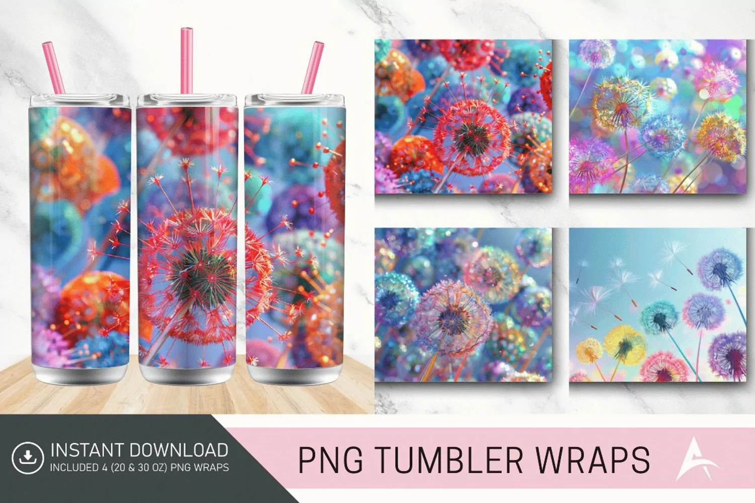 3D Colorful Dandelions Flowers Tumbler Wrap product image 1