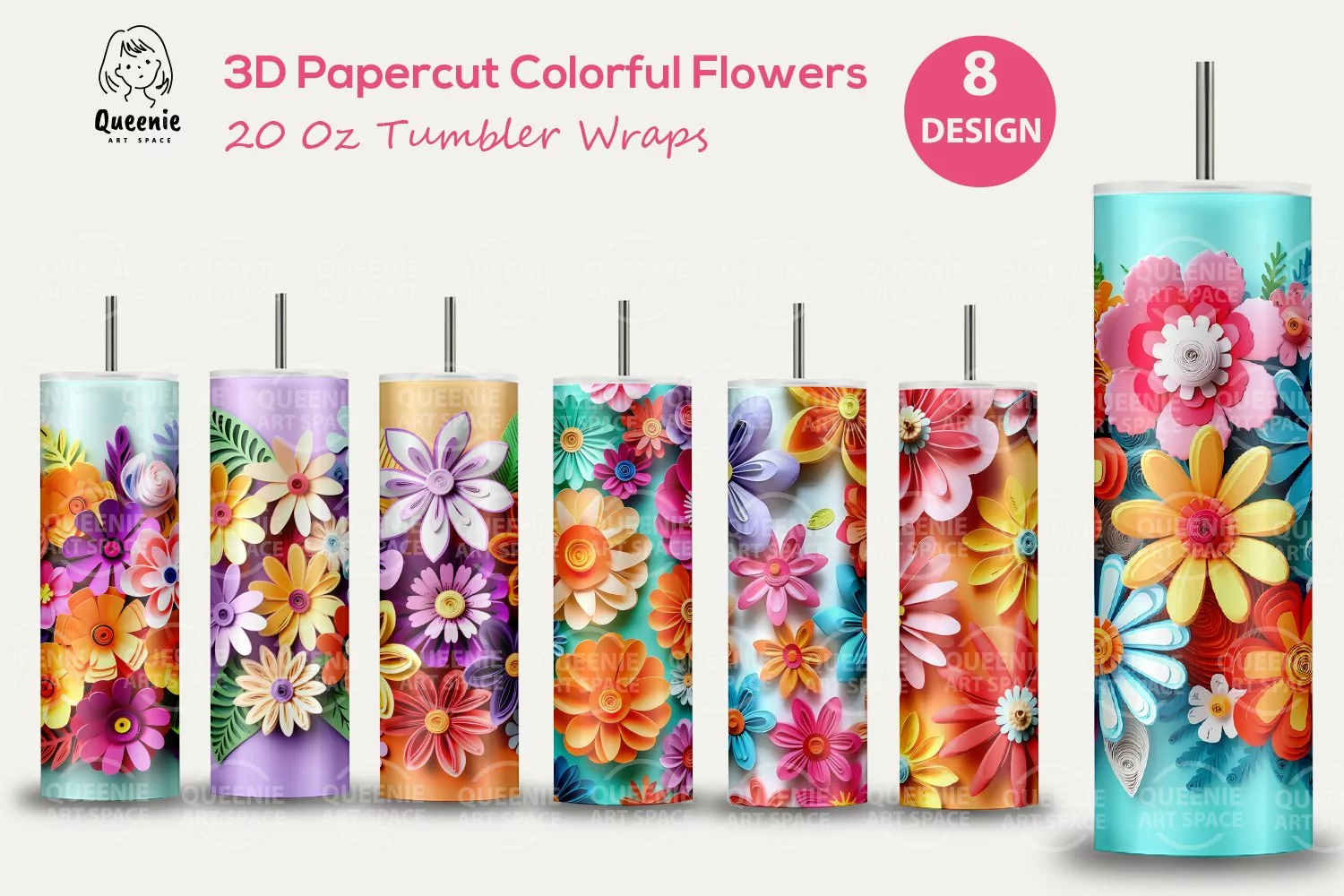 20 oz Tumbler Wrap 3D Paper Cut Colorful Flowers product image 1