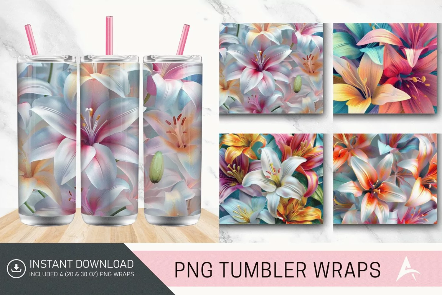 3D Colorful Lilies Floral Tumbler Wrap product image 1