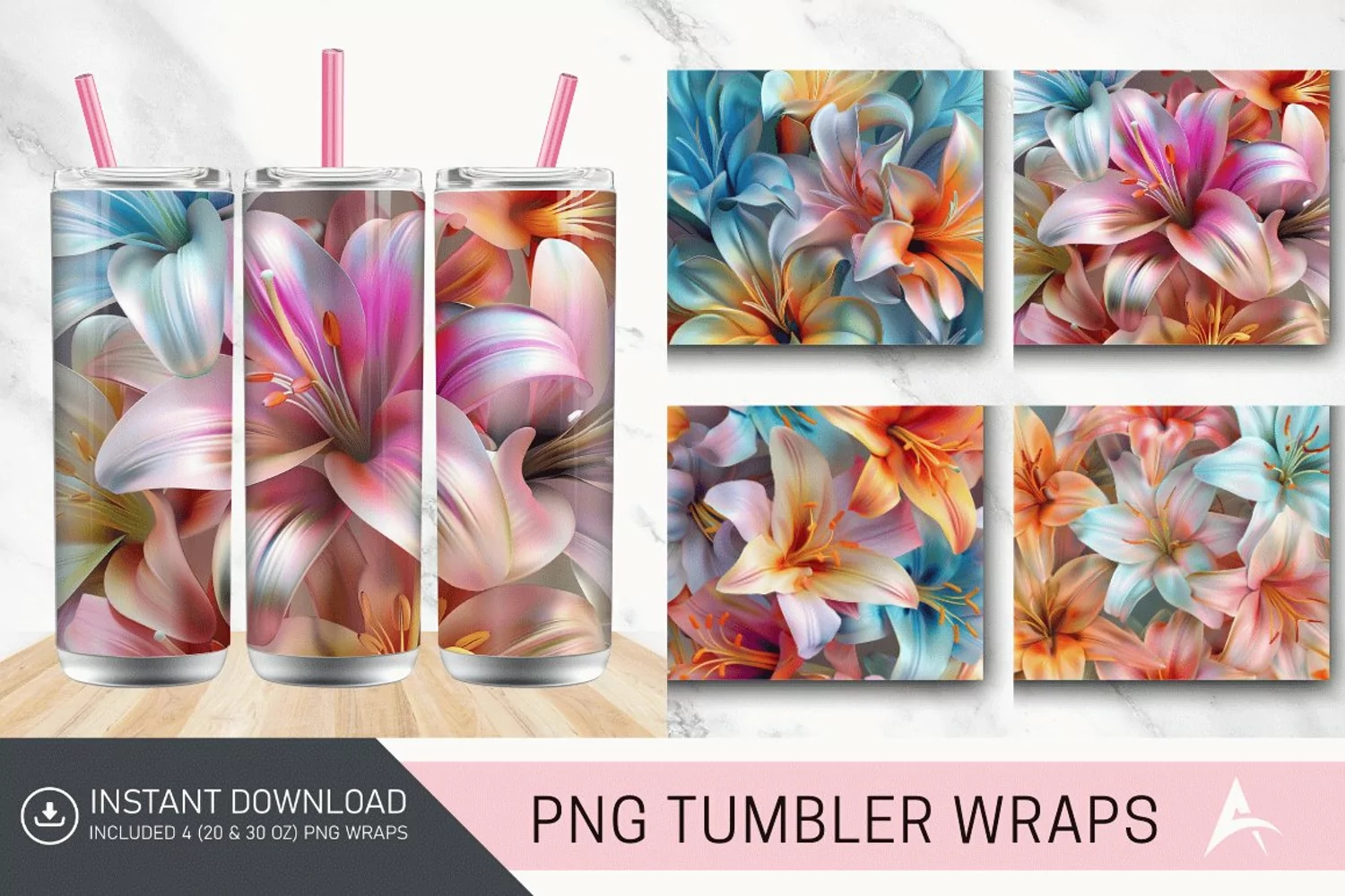3D Colorful Lilies Floral Tumbler Wrap product image 1