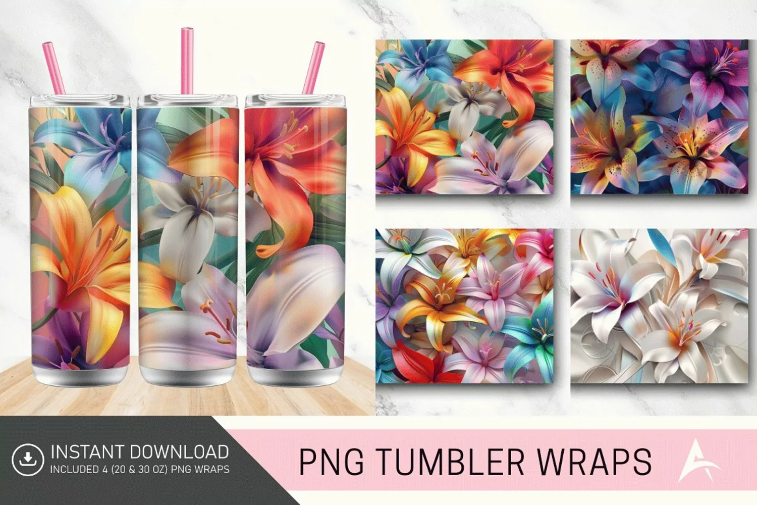 3D Colorful Lilies Floral Tumbler Wrap product image 1
