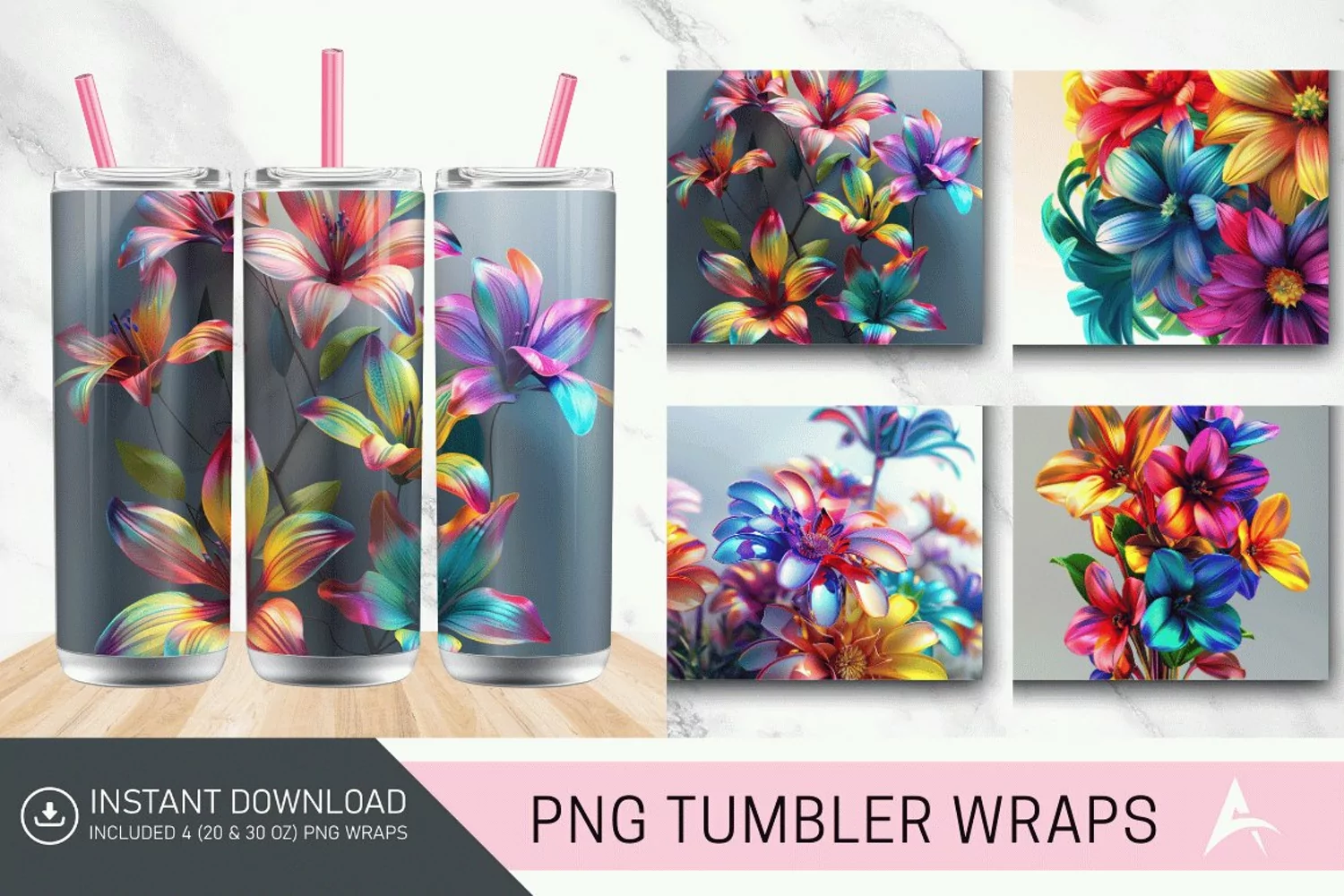 3D Colorful Rainbow Flowers Tumbler wrap product image 1