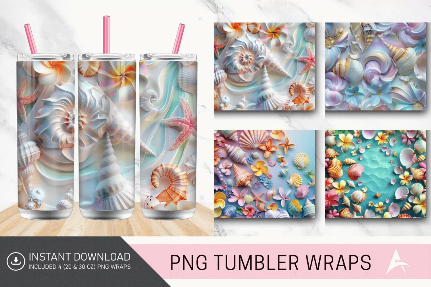 3D Colorful Seashells Floral Tumbler Wrap product image 1
