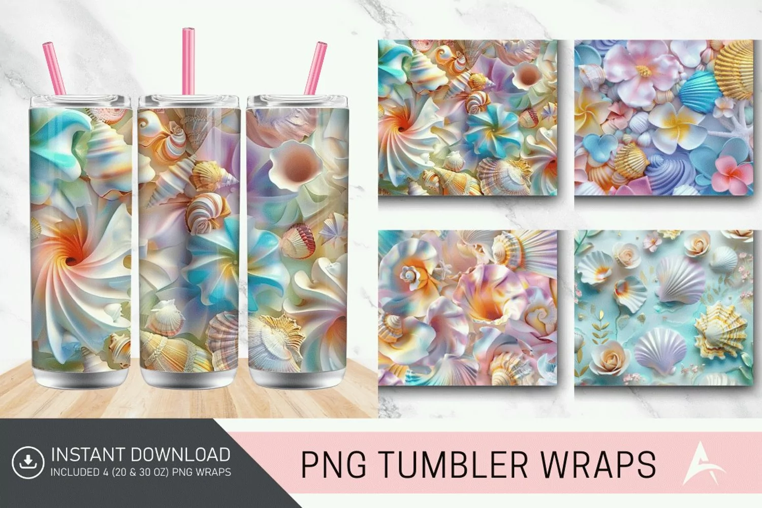 3D Colorful Seashells Floral Tumbler Wrap product image 1