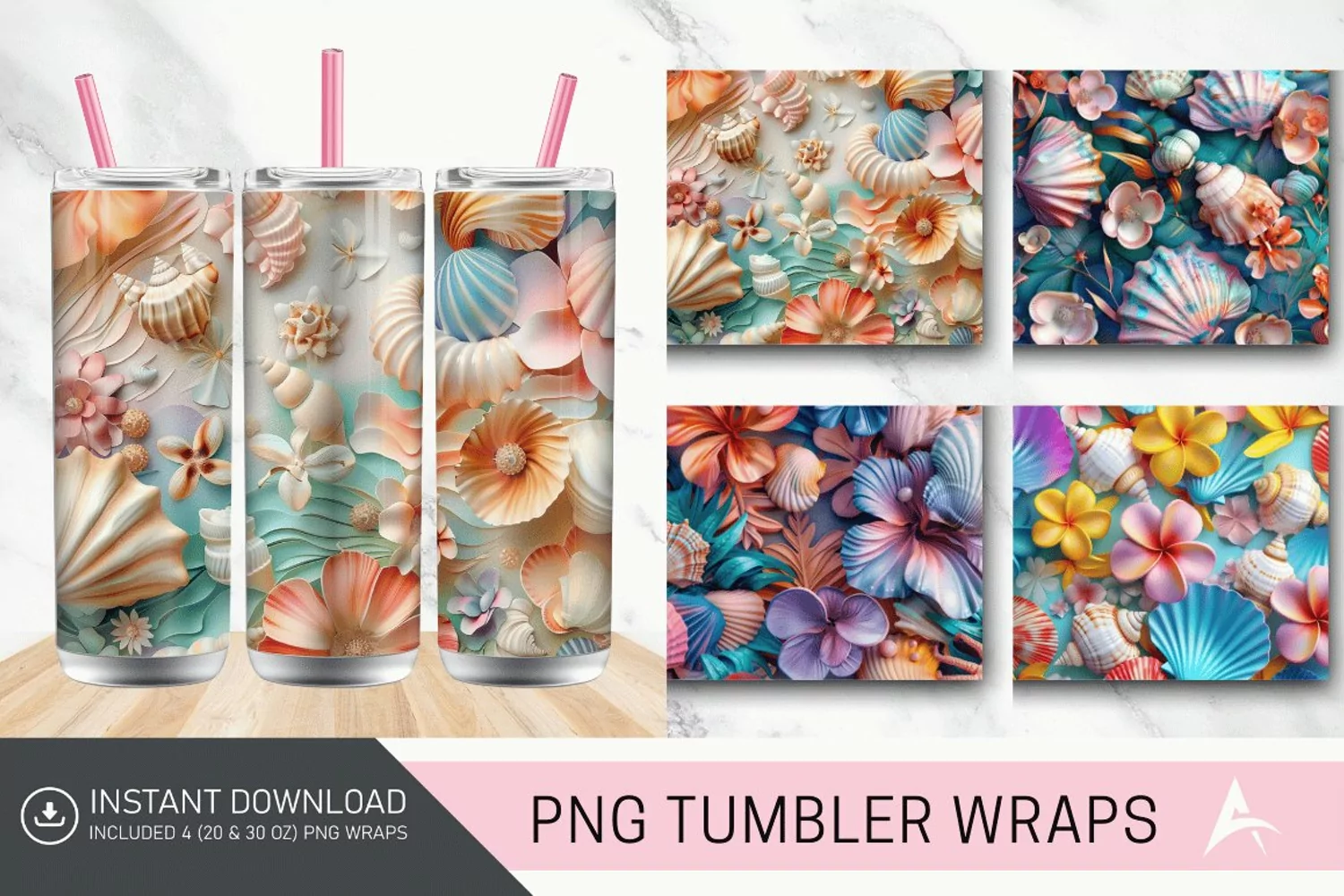 3D Colorful Seashells Floral Tumbler Wrap product image 1