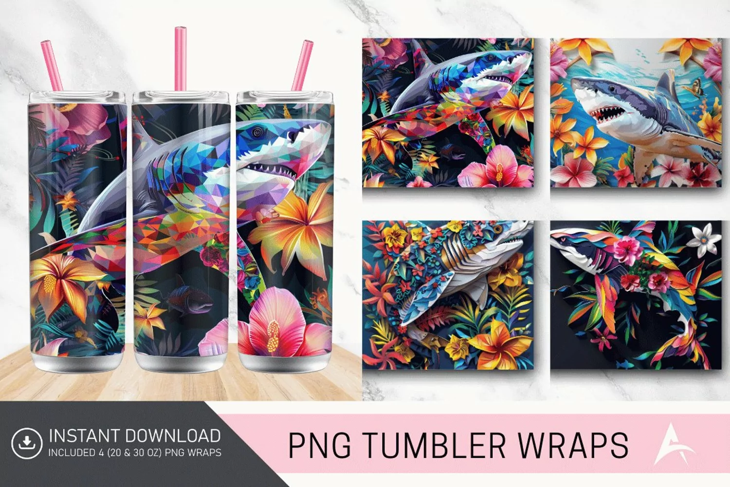 3D Colorful Shark Floral Tumbler Wrap product image 1