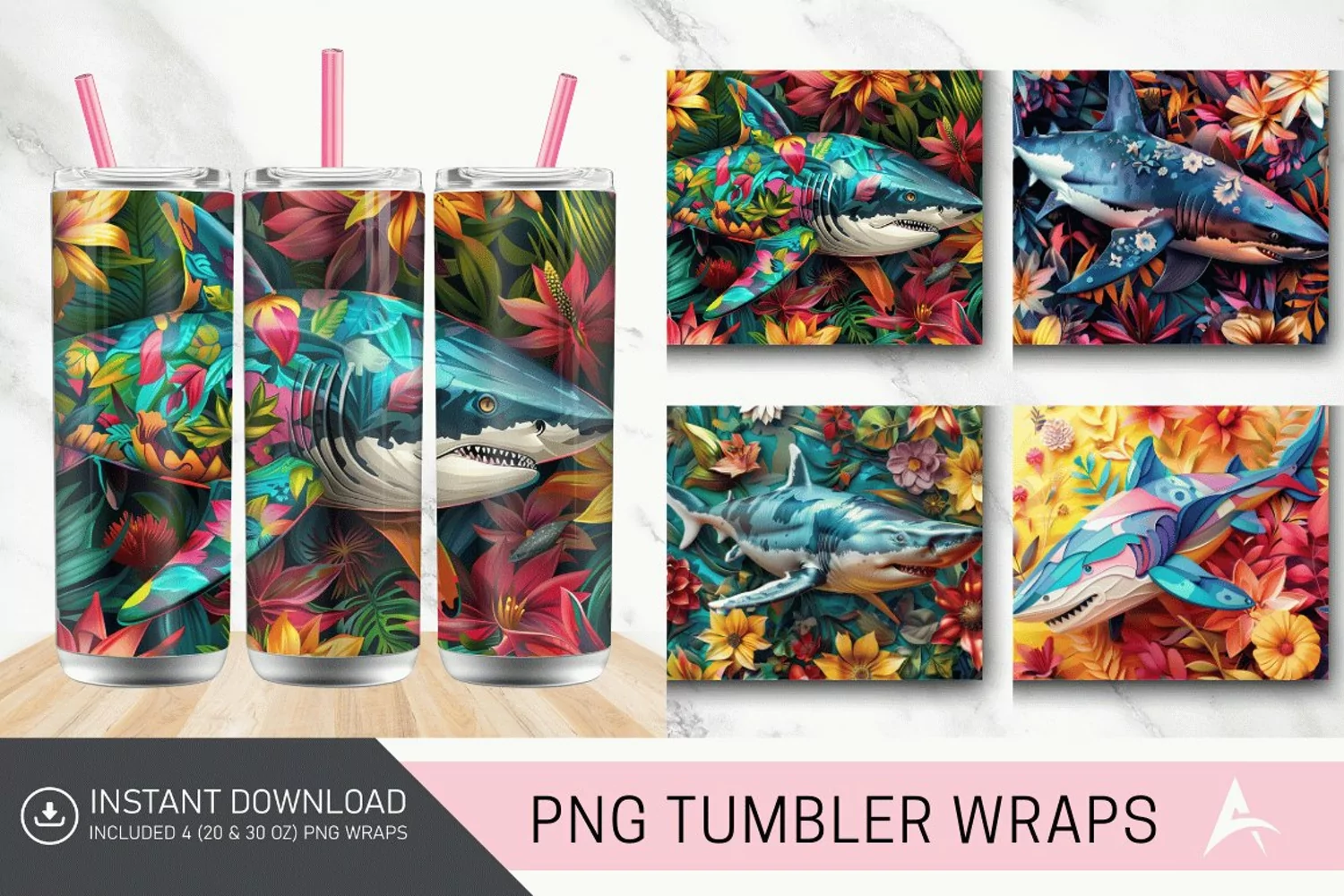 3D Colorful Shark Floral Tumbler Wrap product image 1