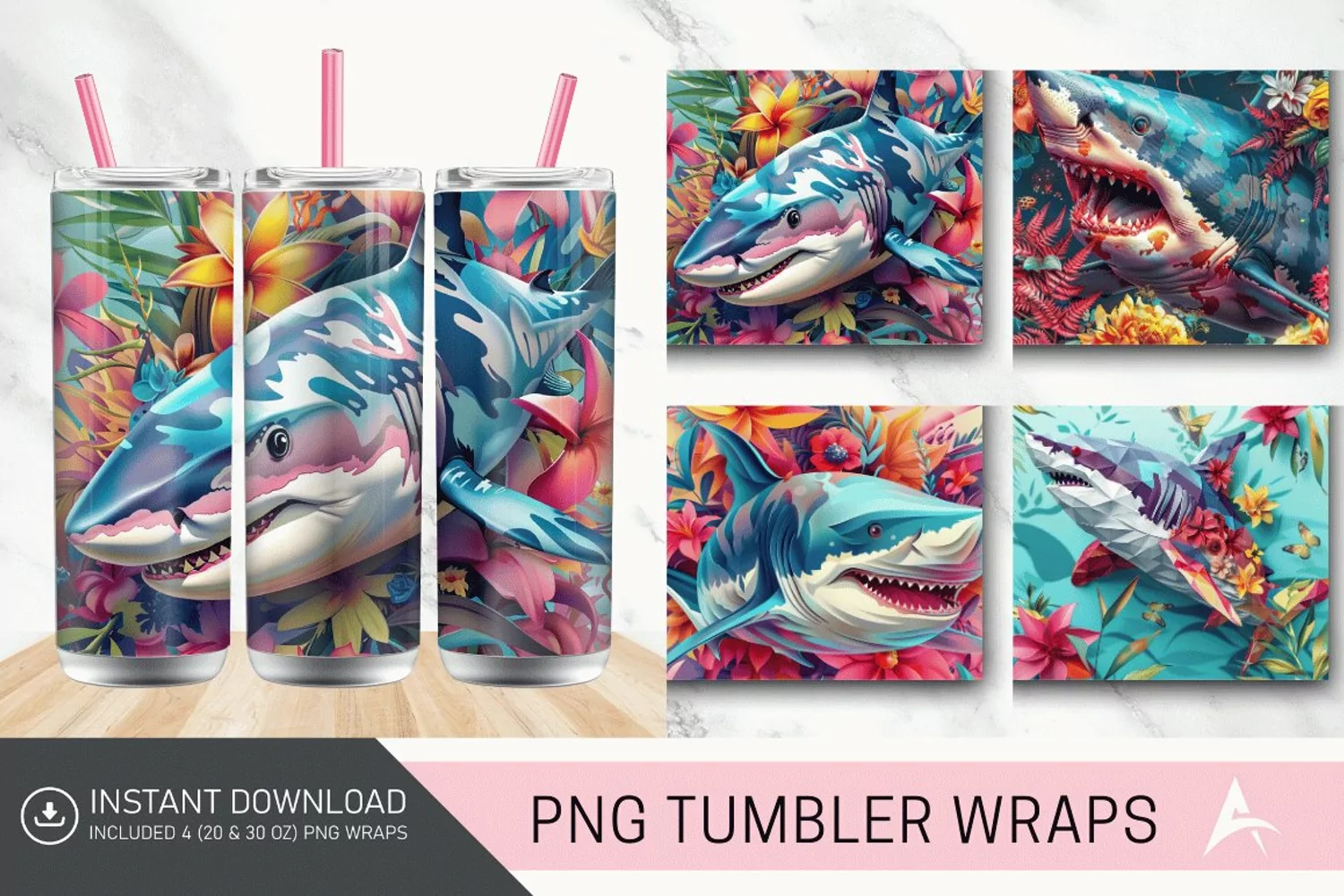 3D Colorful Shark Floral Tumbler Wrap product image 1