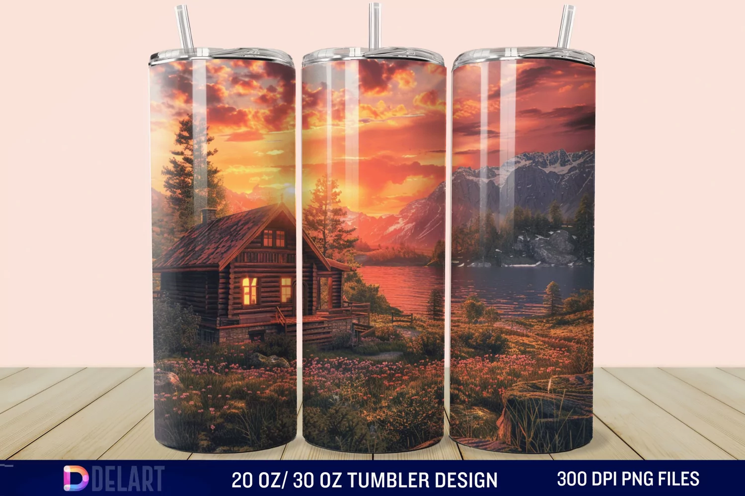 3D Cottage Sunset Mountain Tumbler Wrap product image 1