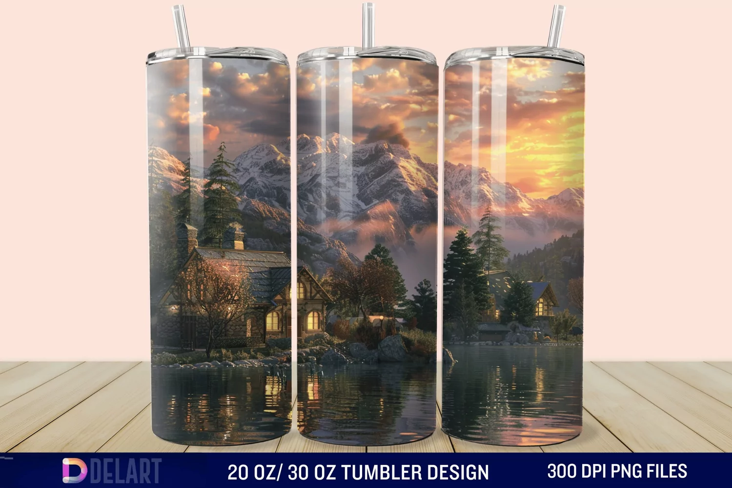 3D Cottage Sunset Mountain Tumbler Wrap product image 1