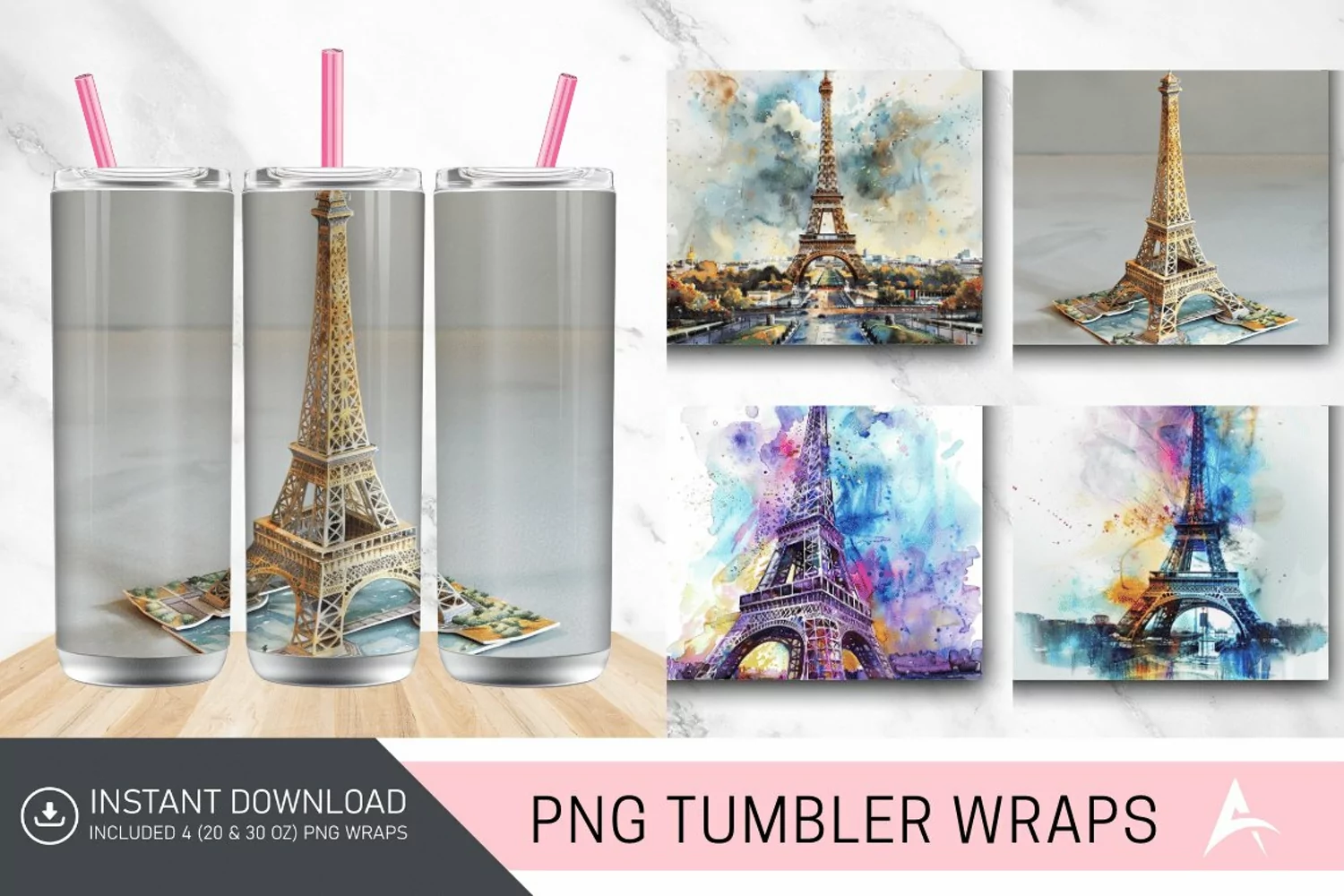 3D Eiffel Tower Watercolor Tumbler wrap product image 1