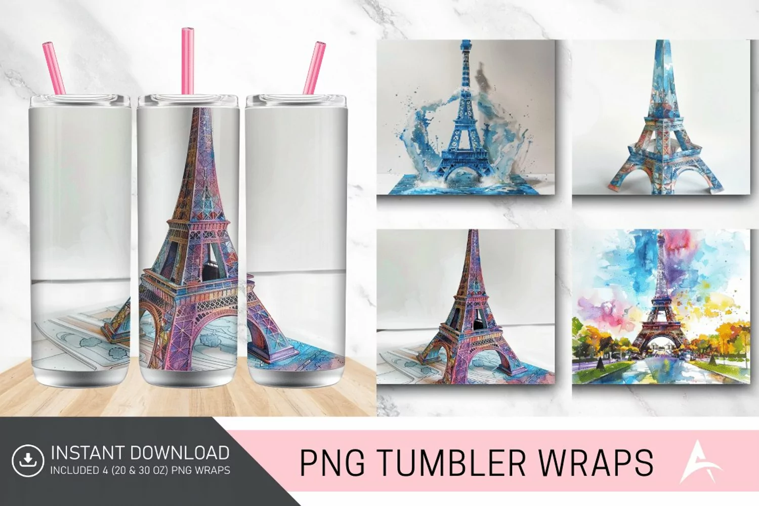 3D Eiffel Tower Watercolor Tumbler wrap product image 1