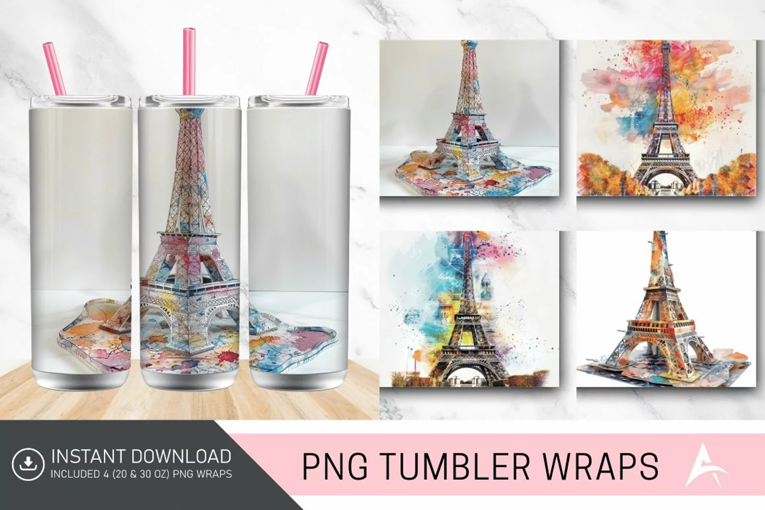 3D Eiffel Tower Watercolor Tumbler wrap product image 1