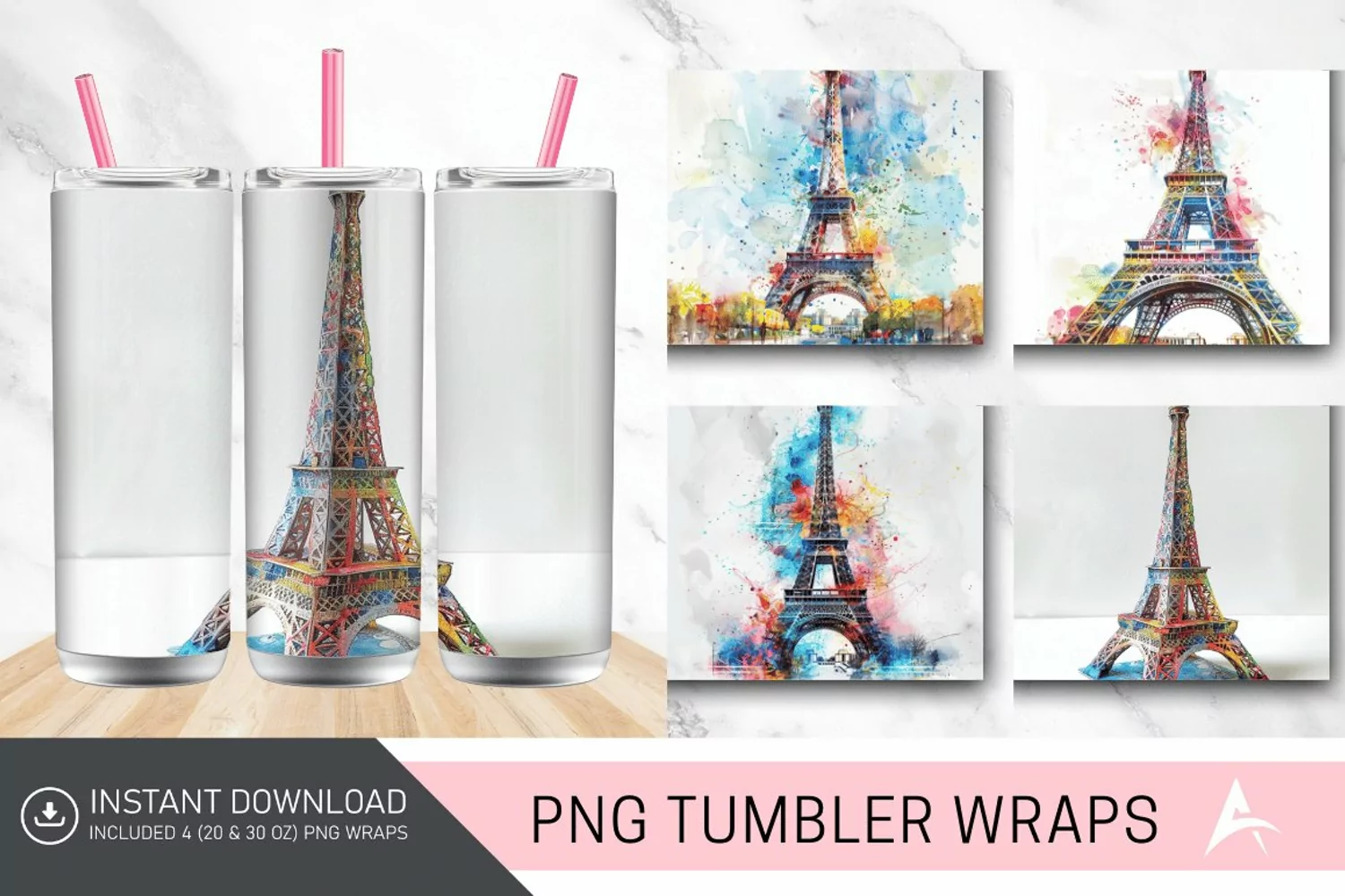 3D Eiffel Tower Watercolor Tumbler wrap product image 1
