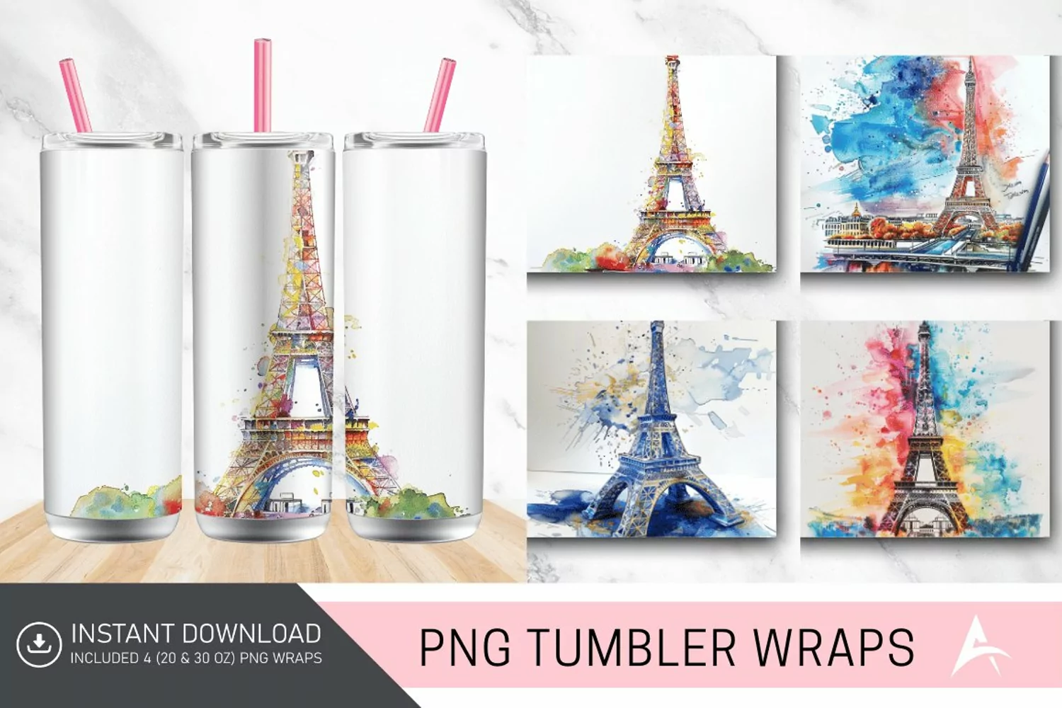 3D Eiffel Tower Watercolor Tumbler wrap product image 1