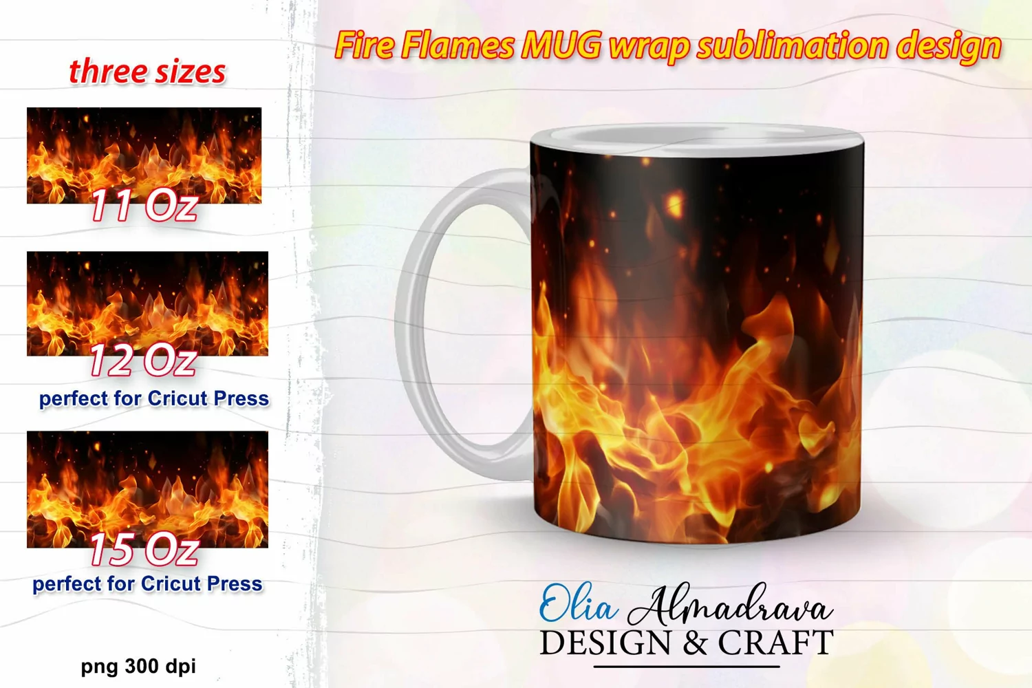 Wrap design with realistic fire flames for sublimation on 11Oz, 12Oz and 15Oz MUGS, Burning flame horizontal pattern on black background for gifts for hot coffee lovers, man, firefighters, for campings.