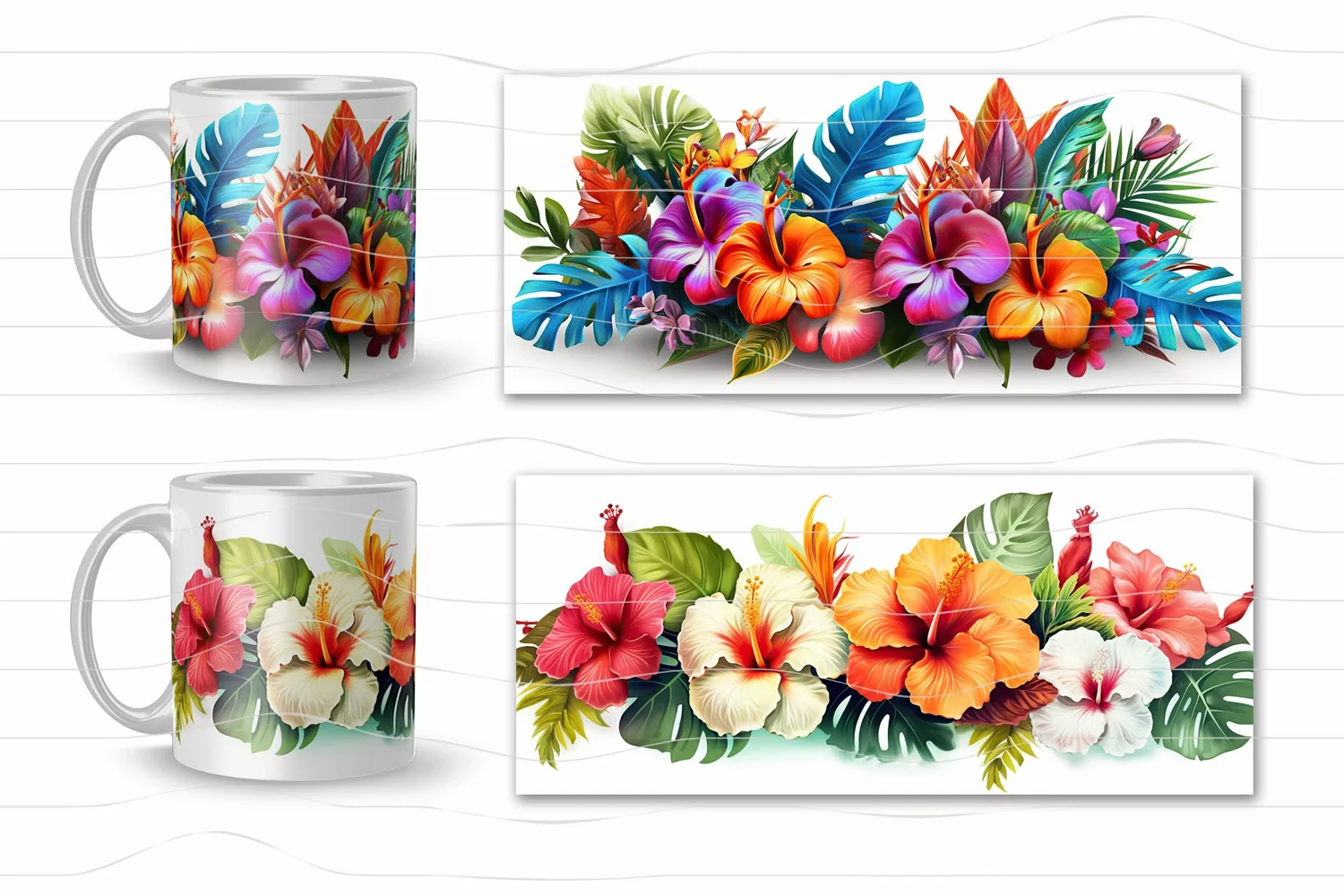 2 tropical wrap designs for sublimation on 11Oz, 12Oz and 15Oz MUGS with 3D exotic hawaiian hibiscus Flowers and palm leaves for birthday, gift.