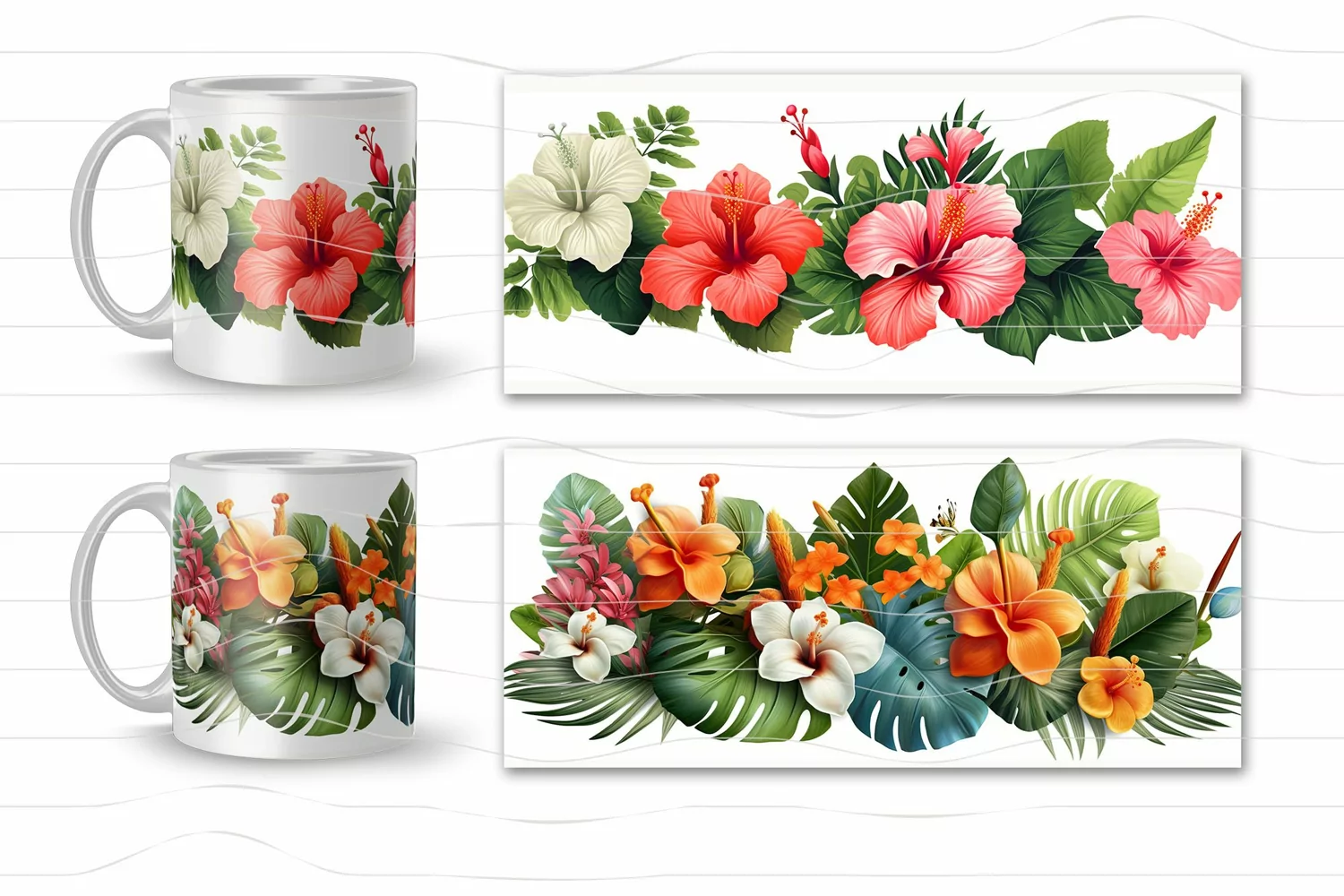 2 tropical wrap designs for sublimation on 11Oz, 12Oz and 15Oz MUGS with 3D exotic hawaiian hibiscus Flowers and palm leaves for birthday, gift.