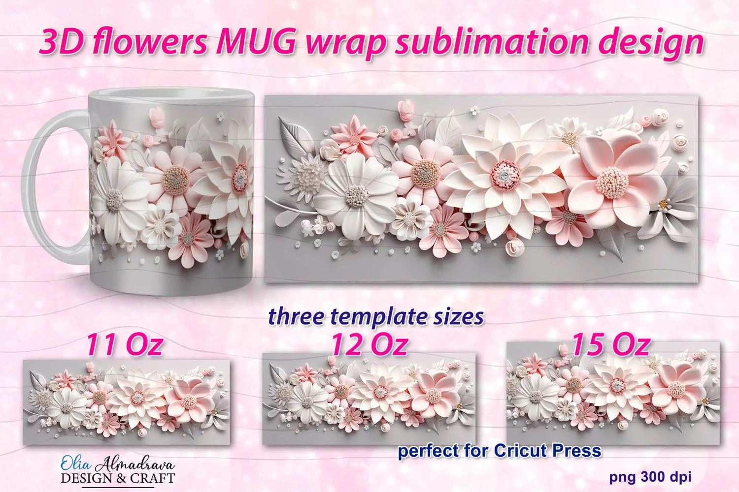 3D Sublimation Mug Wrap|3D Flowers PNG| 3D Flower Mug Wrap product image 1
