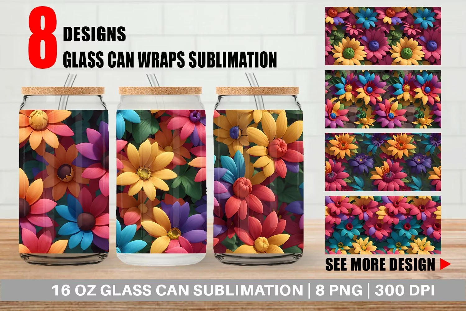 Glass Can Wraps 3D Flower Colorful product image 1