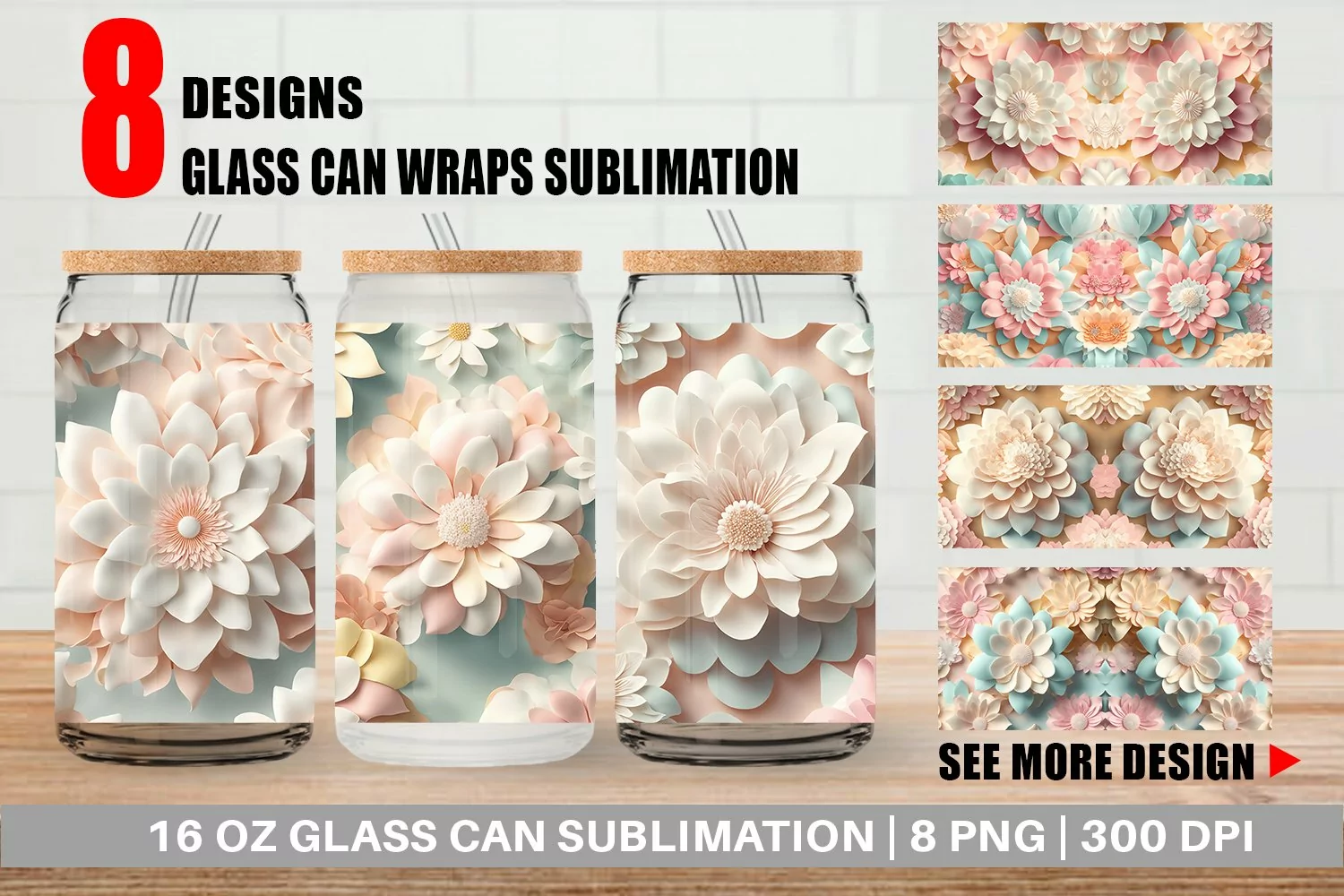 3D Flower Pastel Color Glass Can Wraps product image 1