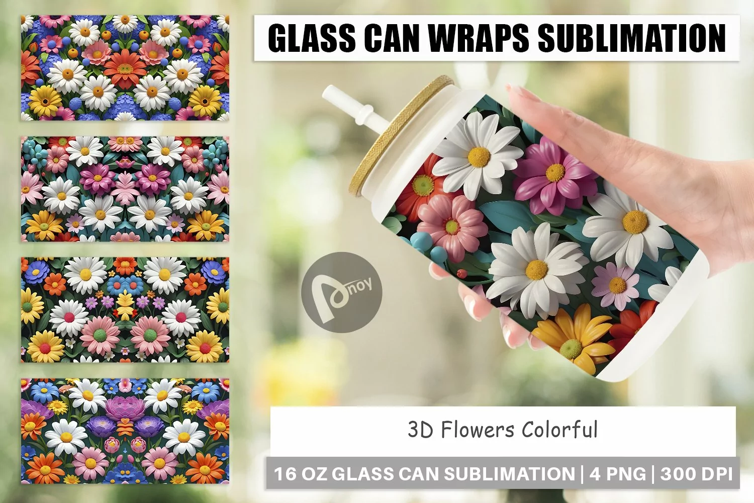 Glass Can Wraps 3D Flowers Colorful product image 1