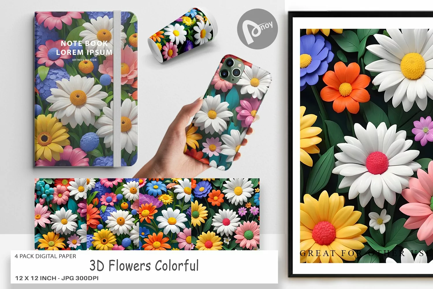 Digital Paper 3D Flowers Colorful product image 1