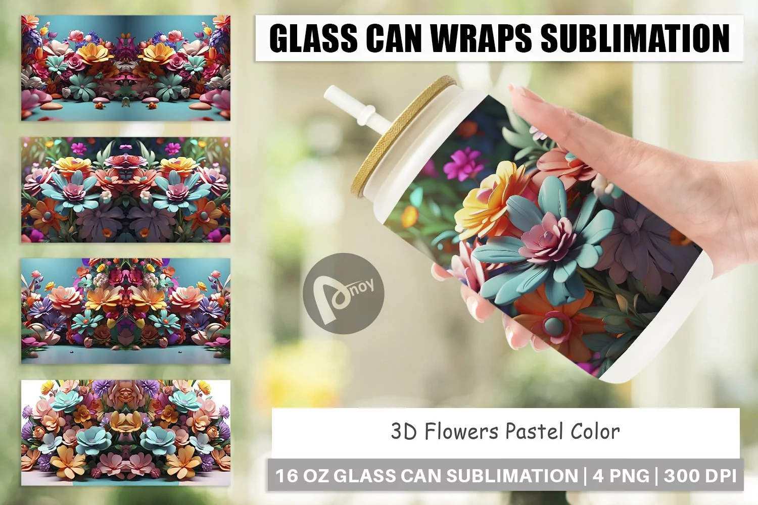 Glass Can Wraps 3D Flowers Pastel Color product image 1