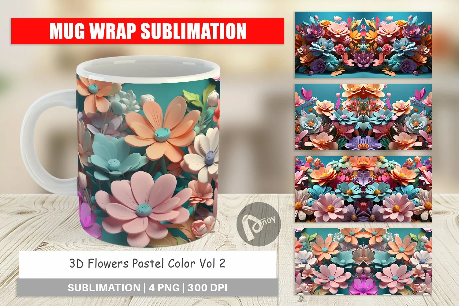 Mug sublimation design 3D Flowers Pastel Color product image 1