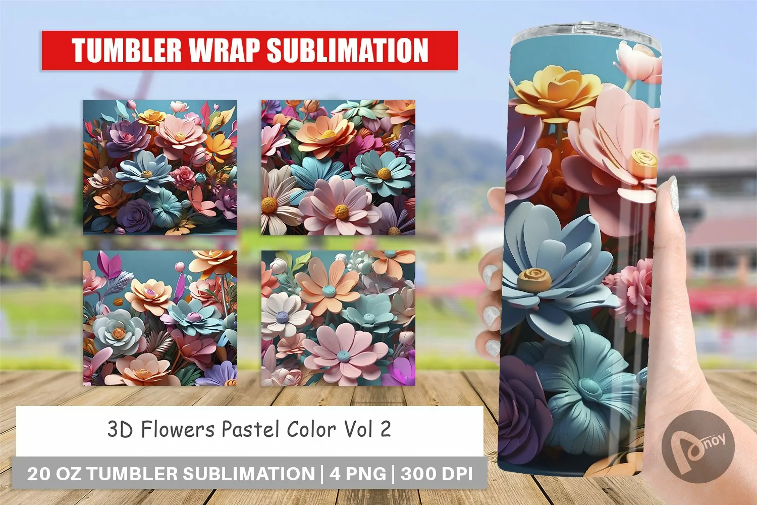 Tumbler Sublimation Wrap 3D Flowers Pastel Color product image 1