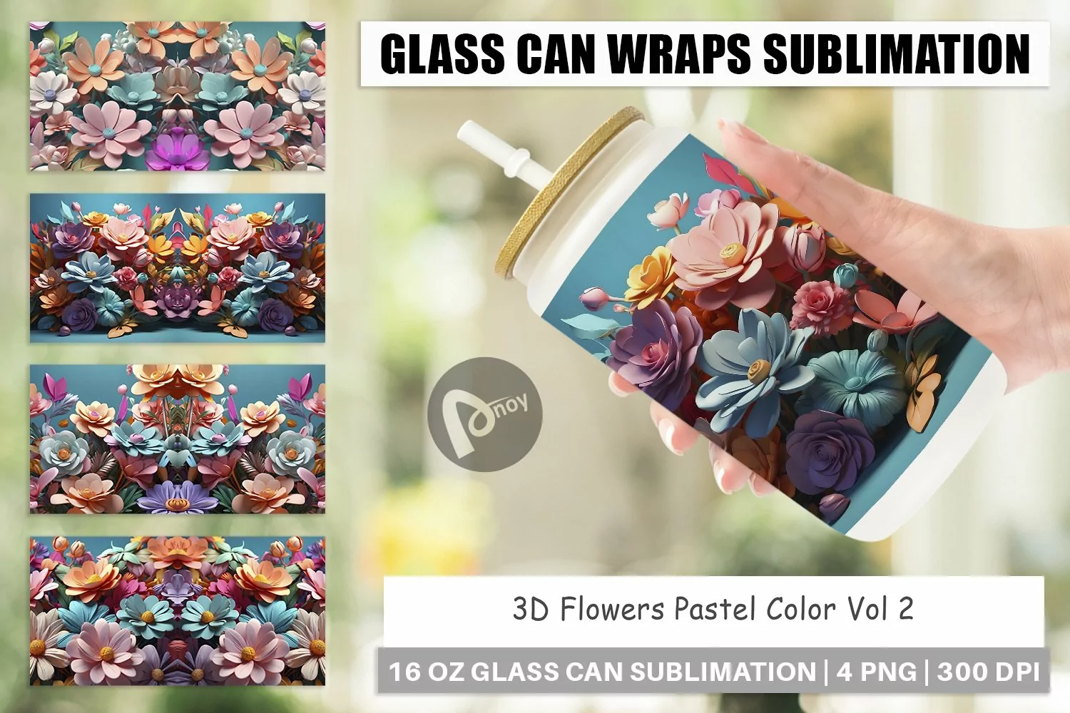 Glass Can Wraps 3D Flowers Pastel Color product image 1