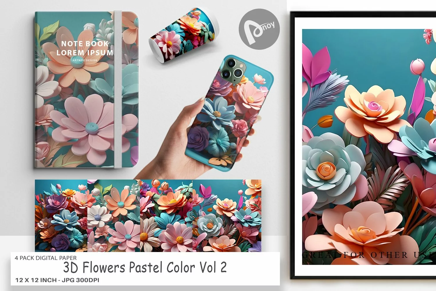 Digital Paper 3D Flowers Pastel Color product image 1