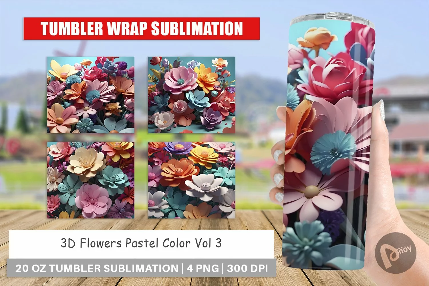 Tumbler Sublimation Wrap 3D Flowers Pastel Color product image 1