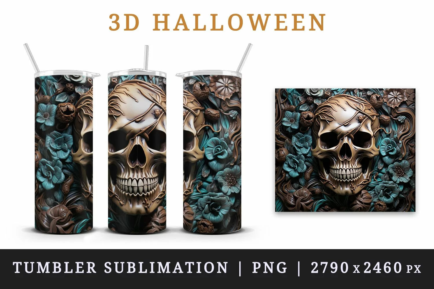 3d Halloween dark scary night forest horror trees skull flowers floral design wrap printable sublimation for 20 oz tumbler