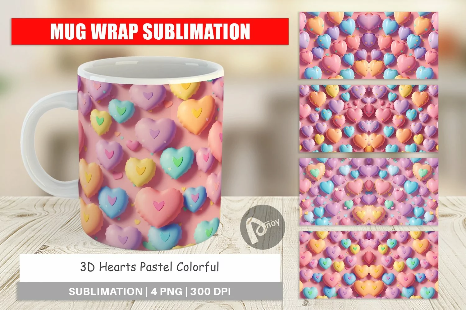 Mug sublimation design 3D Hearts Pastel Colorful product image 1