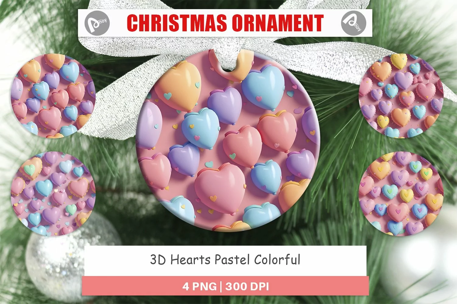 3D Hearts Pastel Colorful Christmas Ornaments product image 1