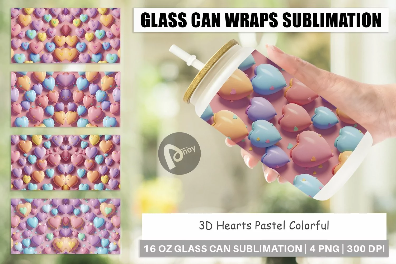Glass Can Wraps 3D Hearts Pastel Colorful product image 1