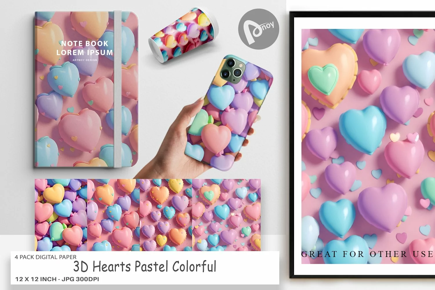 Digital Paper 3D Hearts Pastel Colorful product image 1