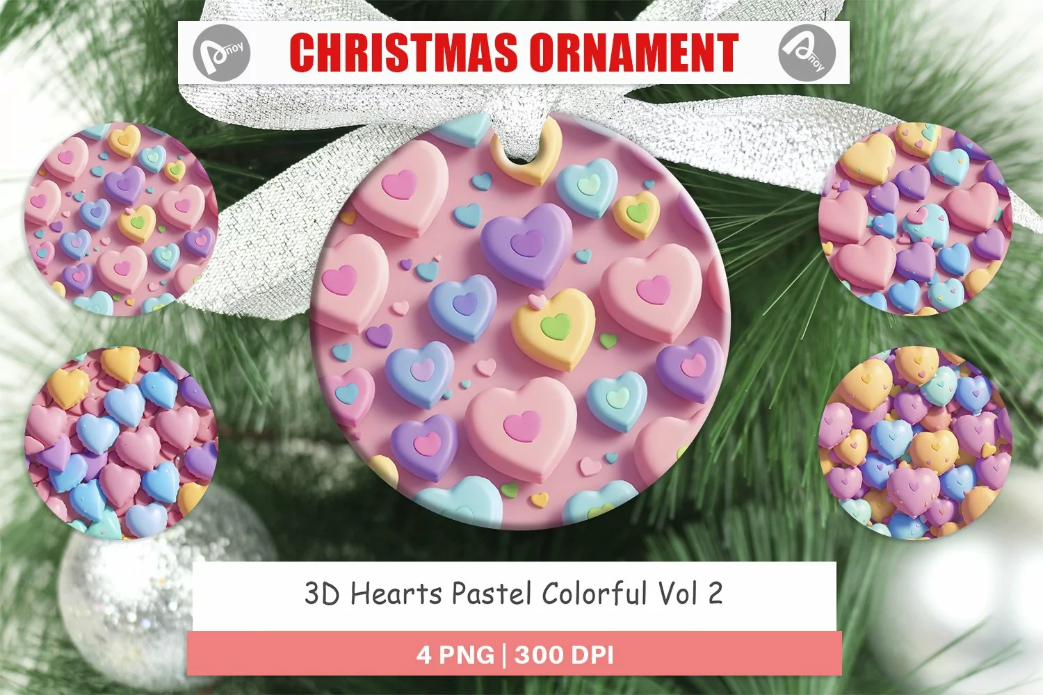 3D Hearts Pastel Colorful Christmas Ornaments product image 1