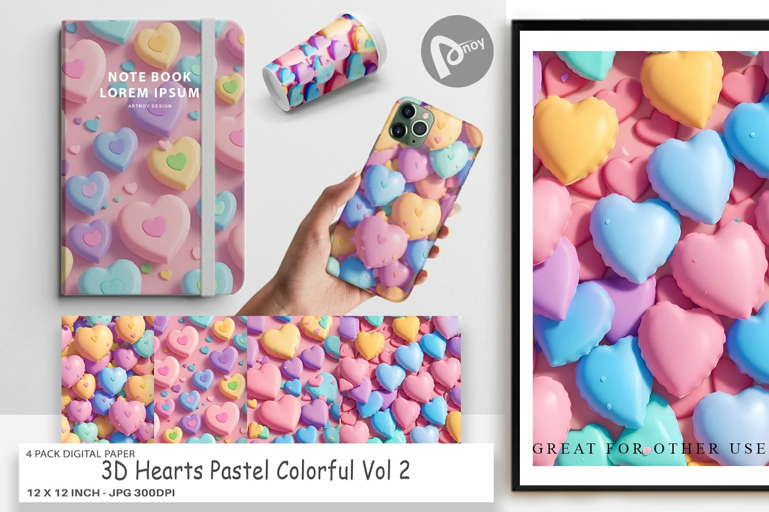 Digital Paper 3D Hearts Pastel Colorful product image 1