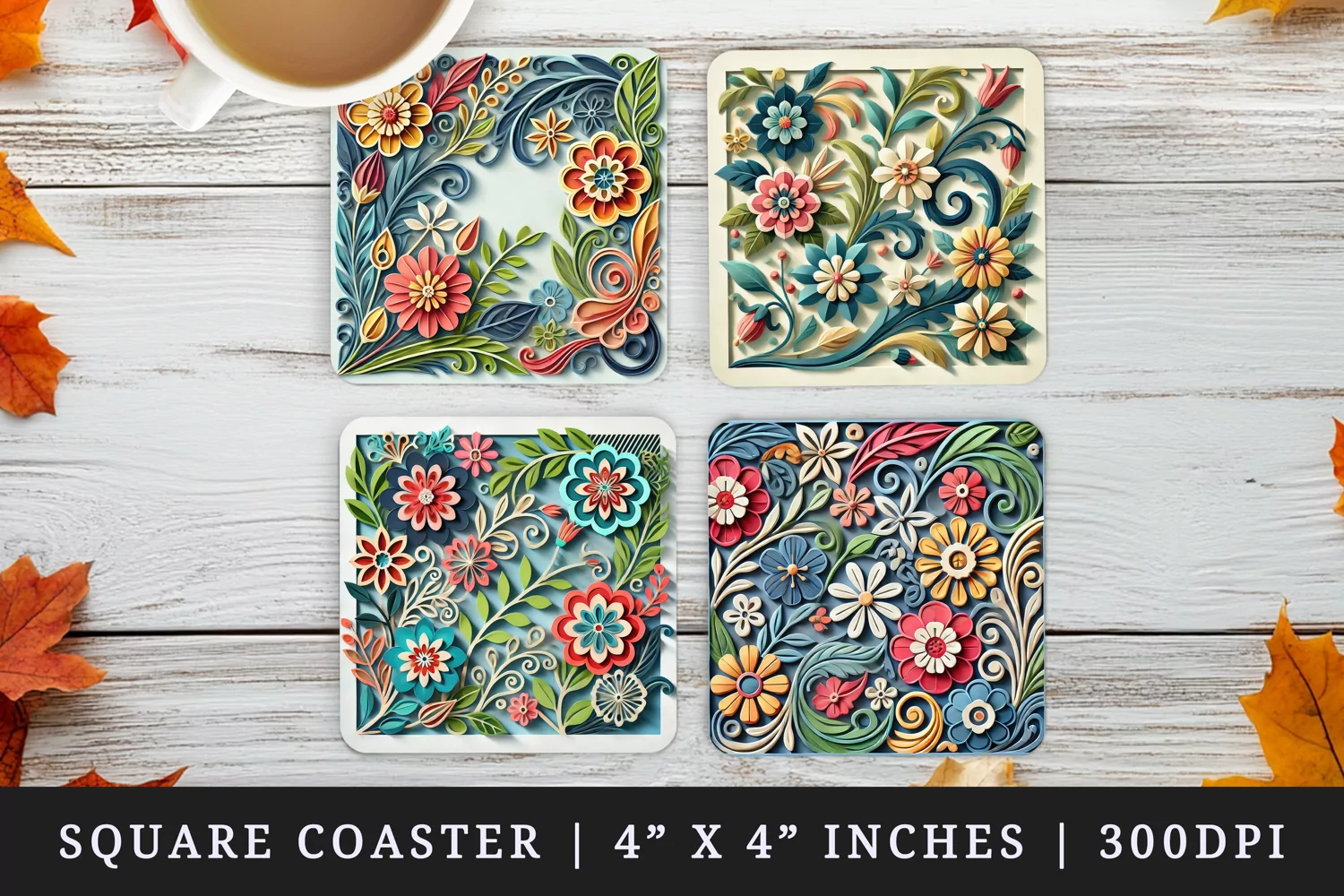 3D illusion paper cut-out effect floral patterns vibrant flowers leaves vines made of colored print square coaster mug coasters sublimation design