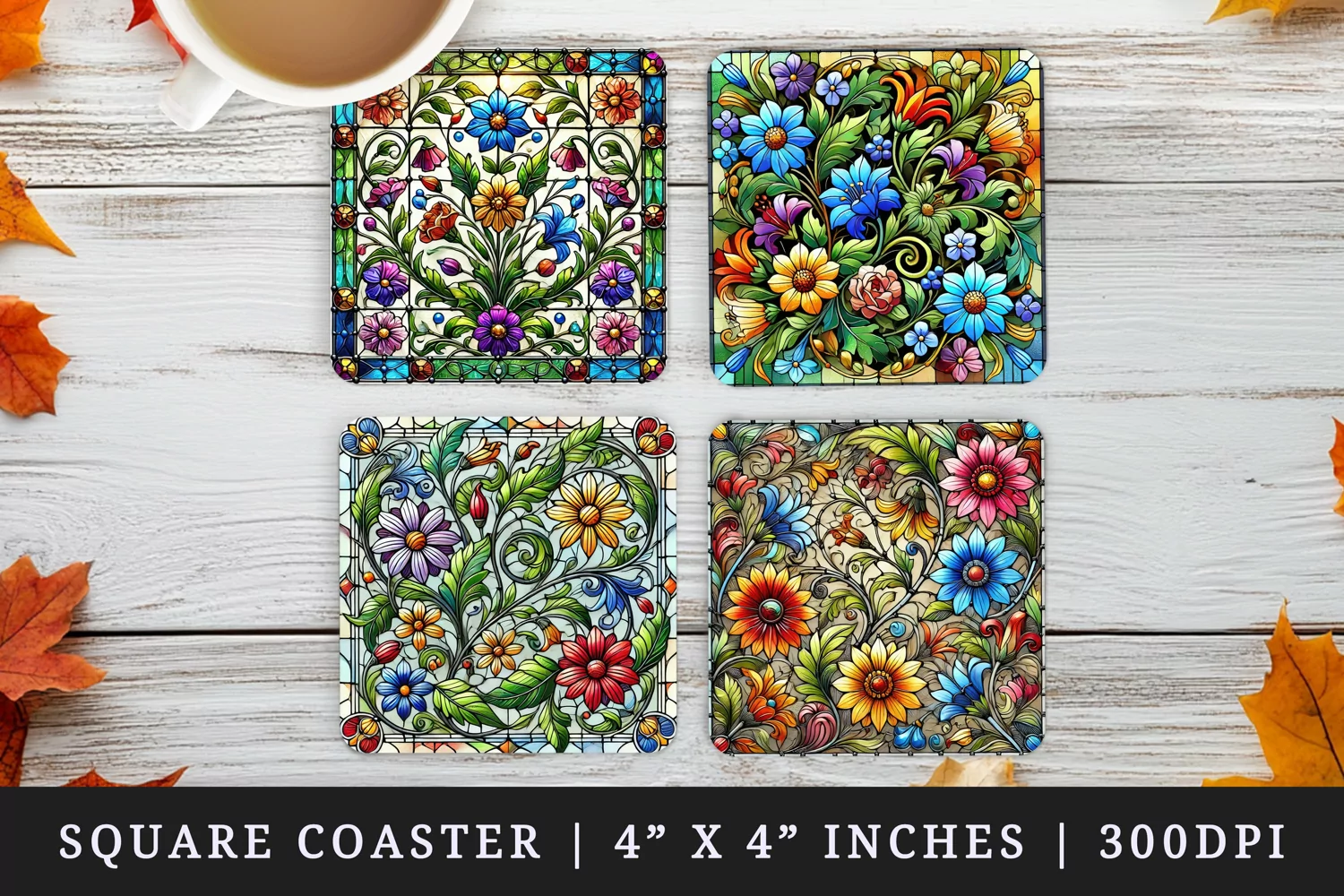 3D illusion stained glass effect floral patterns vibrant flowers leaves made of colored pieces print square coaster mug coasters sublimation design