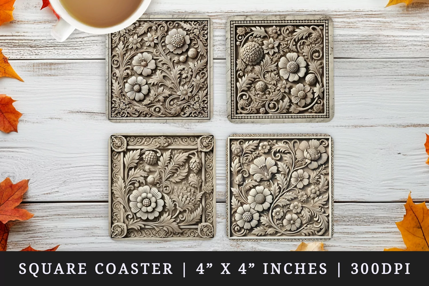 3D illusion stone carving effect floral patterns vibrant flowers leaves vines made of colored print square coaster mug coasters sublimation design
