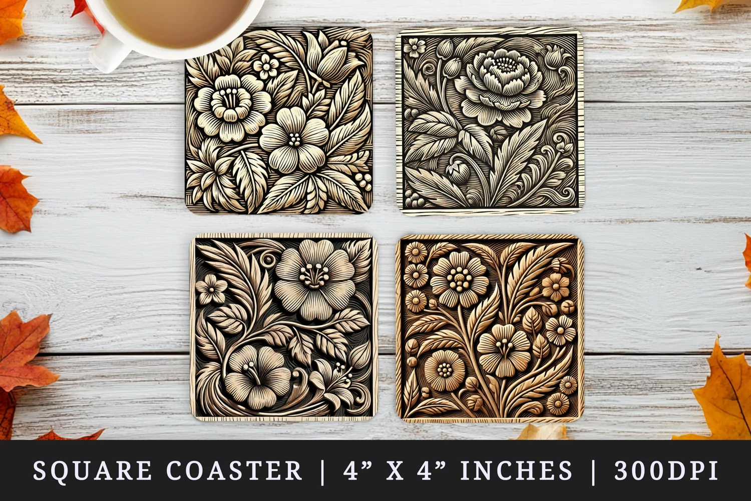 3D illusion woodcut print effect floral patterns vibrant flowers leaves vines made of colored print square coaster mug coasters sublimation design