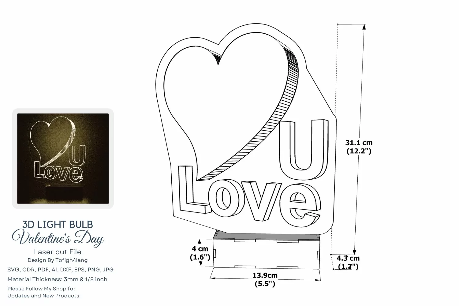Laser Cut | 3D Light Bulb | love | Heart | SVG | Valentine product image 1