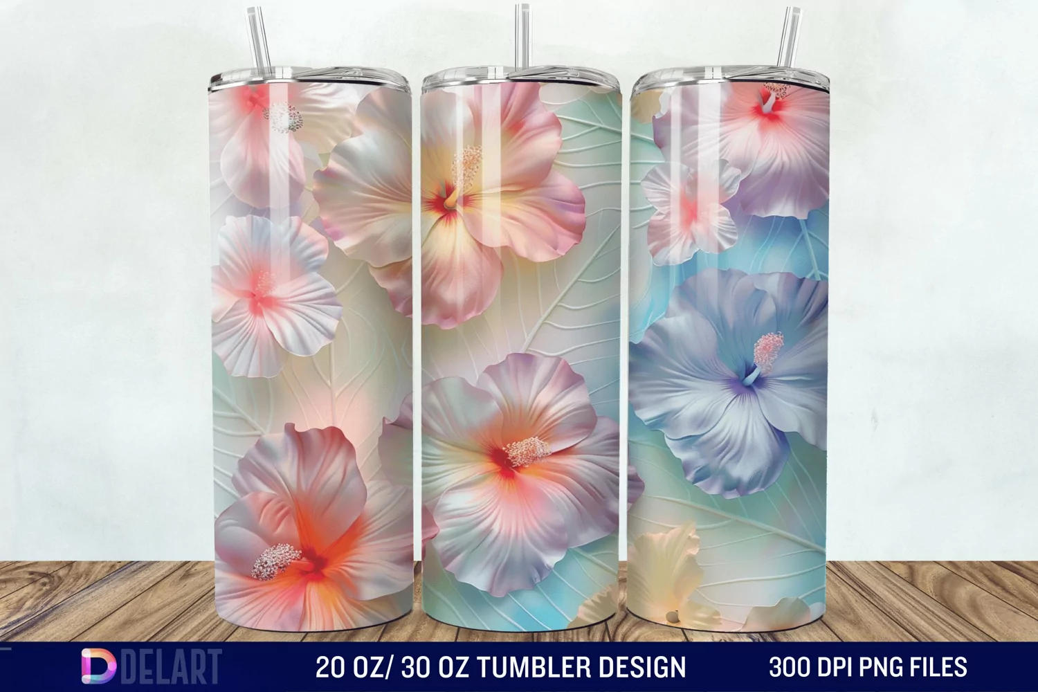 3d Pastel Colored Hibiscus Floral Tumbler Wrap product image 1