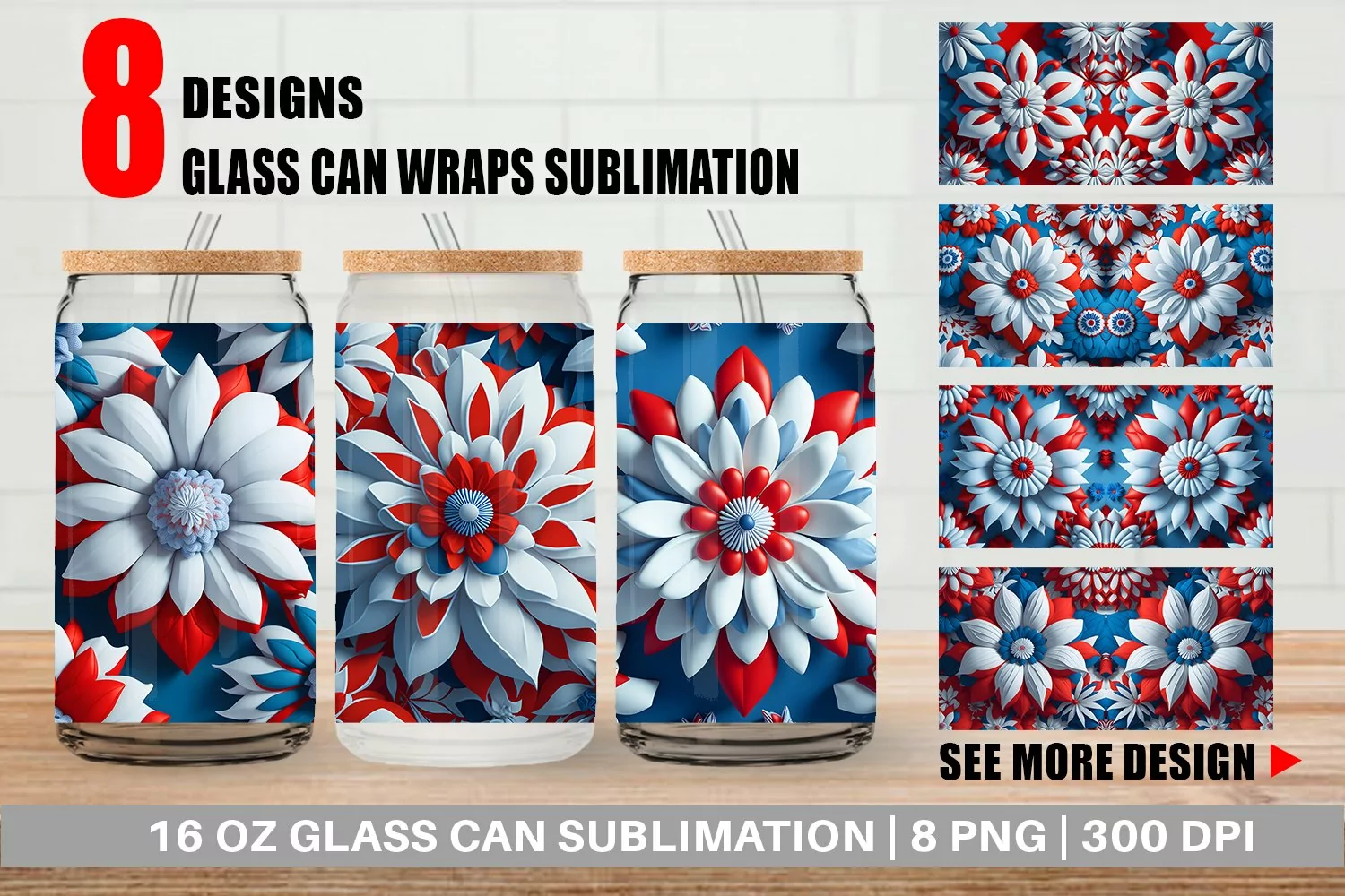 3D Patriot Flower Vintage Glass Can Wraps product image 1
