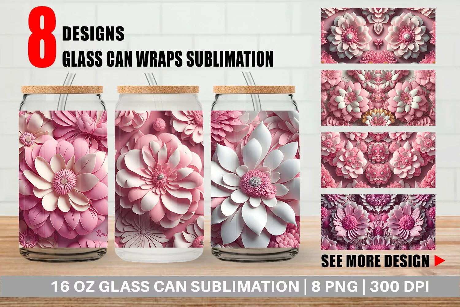 3D Pink Flower Vintage Glass Can Wraps product image 1